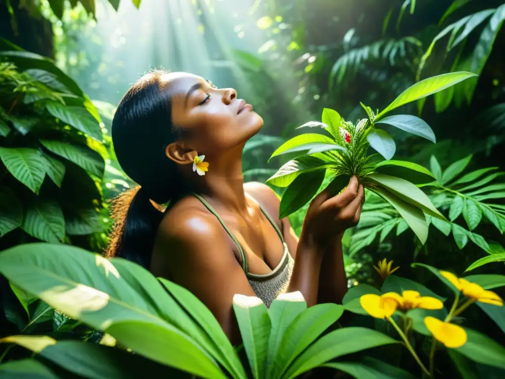 Un curandero indígena recoge hierbas medicinales en la exuberante selva, mostrando la conexión con el conocimiento medicinal indígena