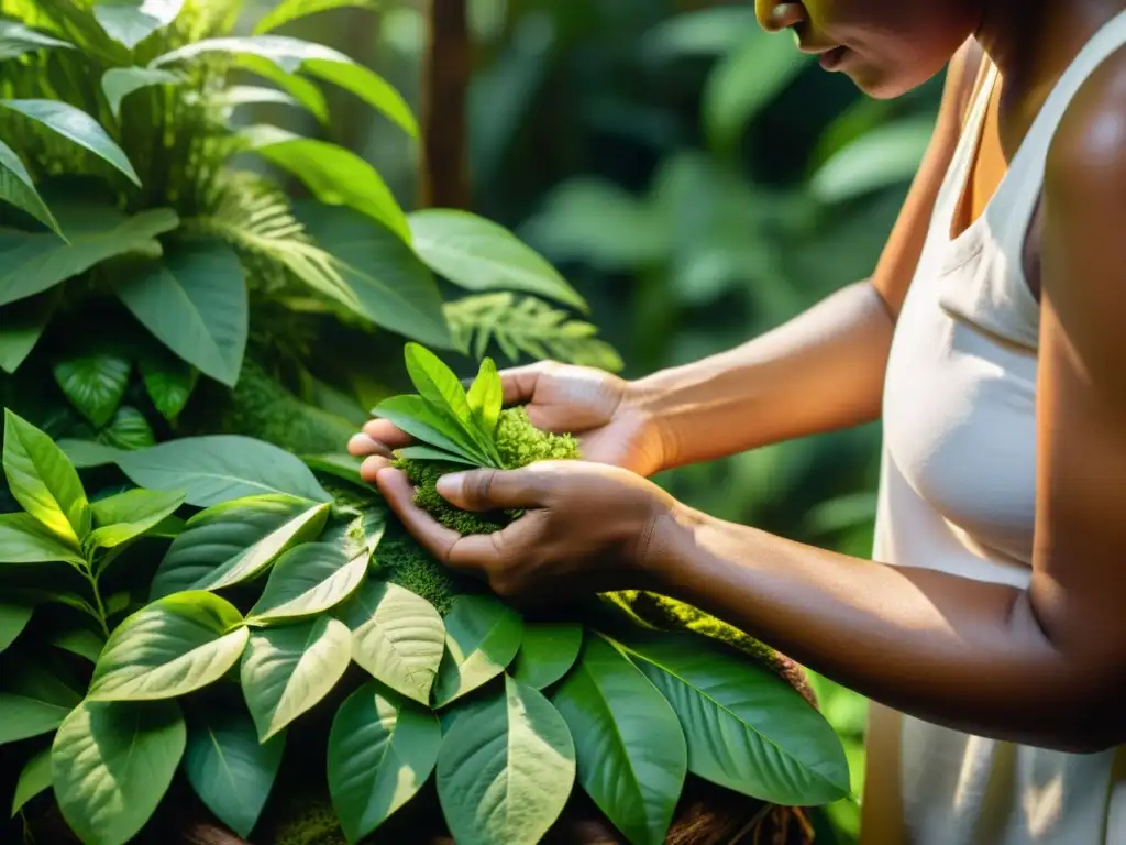 Un curandero indígena selecciona hierbas y plantas en la exuberante selva, conectado con la naturaleza y las tradiciones curativas ancestrales