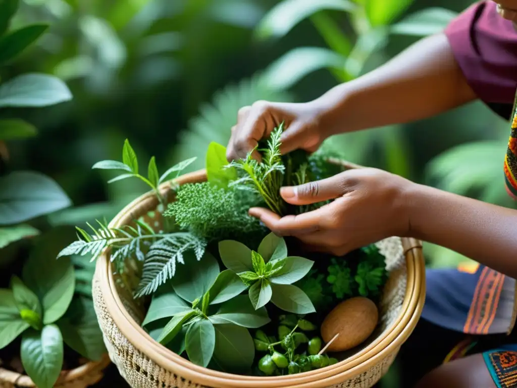 Un curandero indígena selecciona cuidadosamente hierbas y plantas frescas en una cesta tejida tradicional en la densa selva