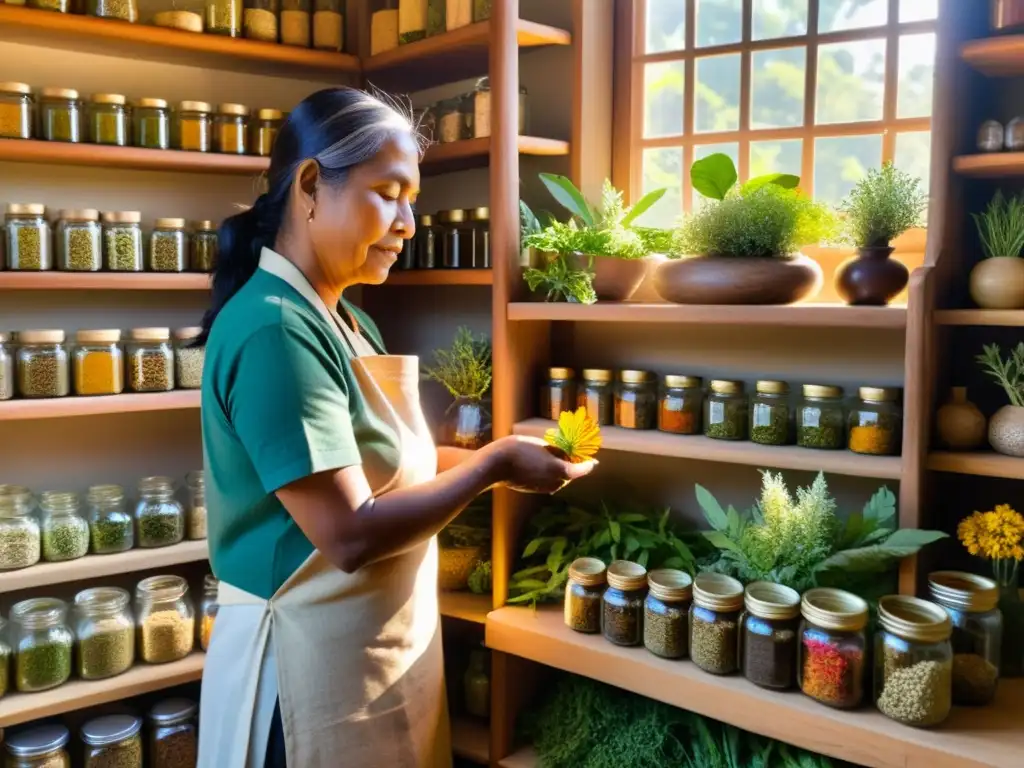 Un curandero indígena selecciona y prepara hierbas y plantas tradicionales rodeado de estantes llenos de frascos coloridos