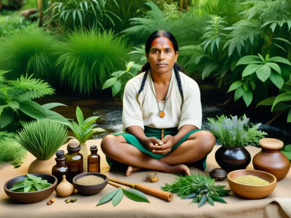 Un curandero indígena preparando medicina tradicional rodeado de hierbas y herramientas, en armonía con la naturaleza