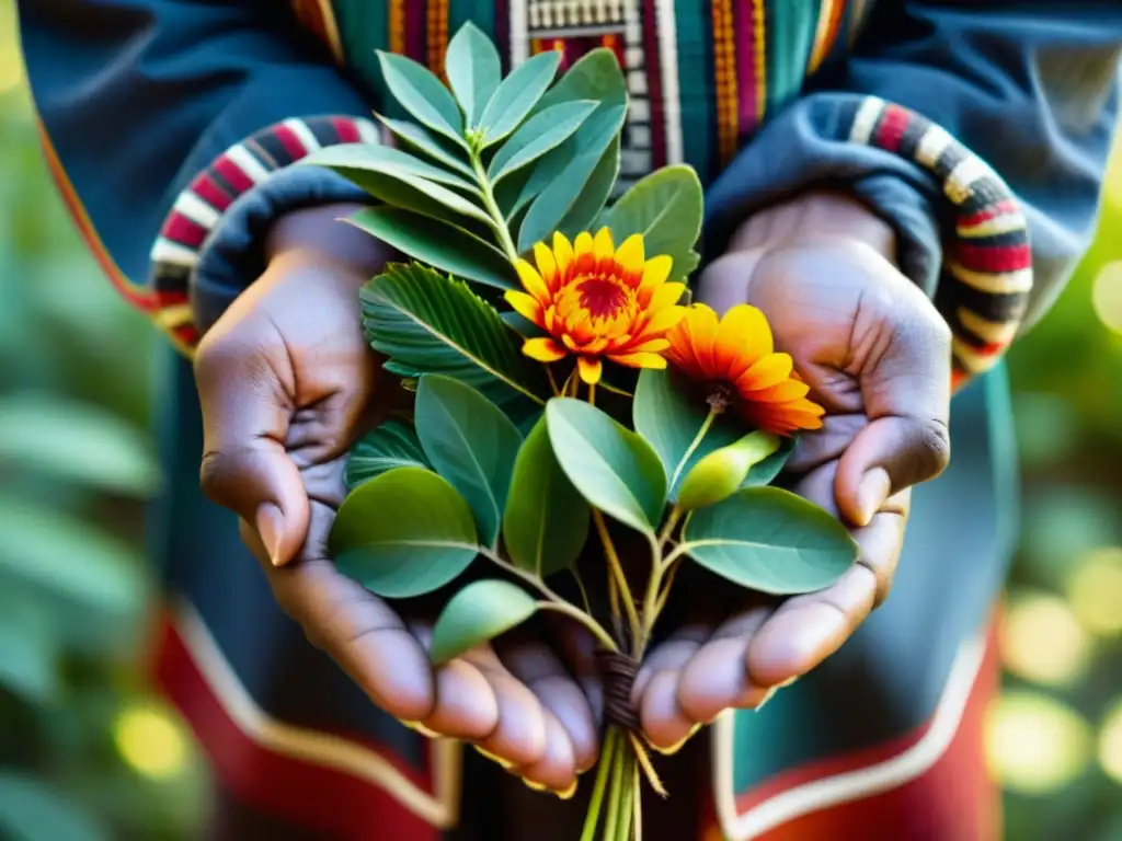 Un curandero indígena sostiene con reverencia un manojo de plantas medicinales, cada una con colores y texturas vibrantes