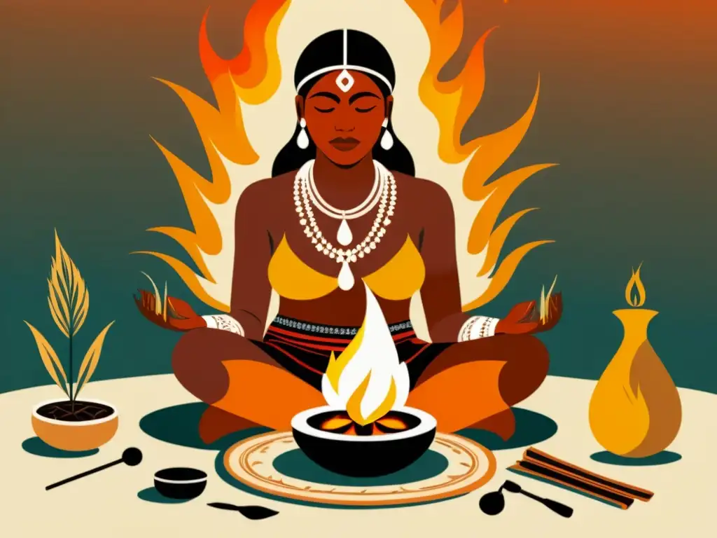 Hechicero indígena en ceremonia de fuego Un curandero indígena realiza un ritual de fuego rodeado de hierbas medicinales y herramientas, con símbolos y patrones intrincados
