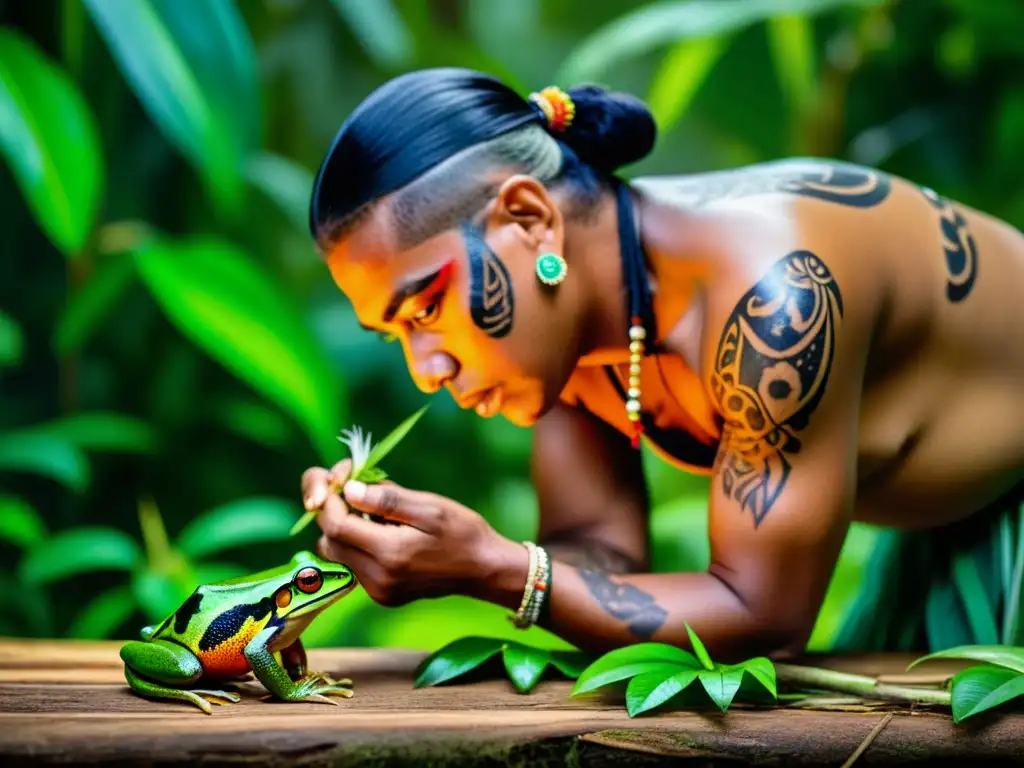 Un curandero indígena extrae veneno de una rana tropical mientras se encuentra en la exuberante selva