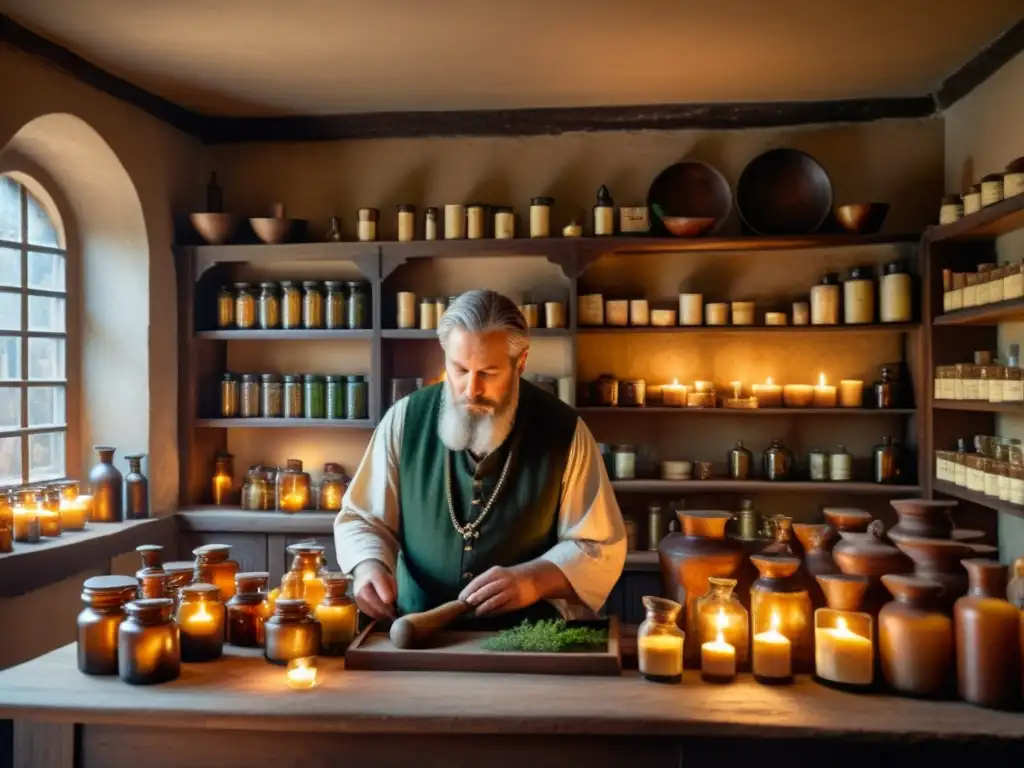 Un curandero mezcla ingredientes en una antigua botica iluminada por velas