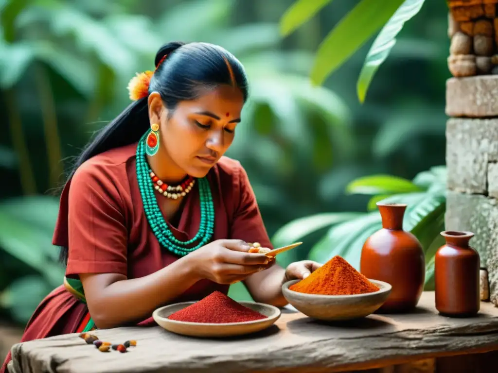 Un curandero maya prepara un elixir medicinal con semillas de achiote, rodeado de exuberante vegetación y ruinas antiguas