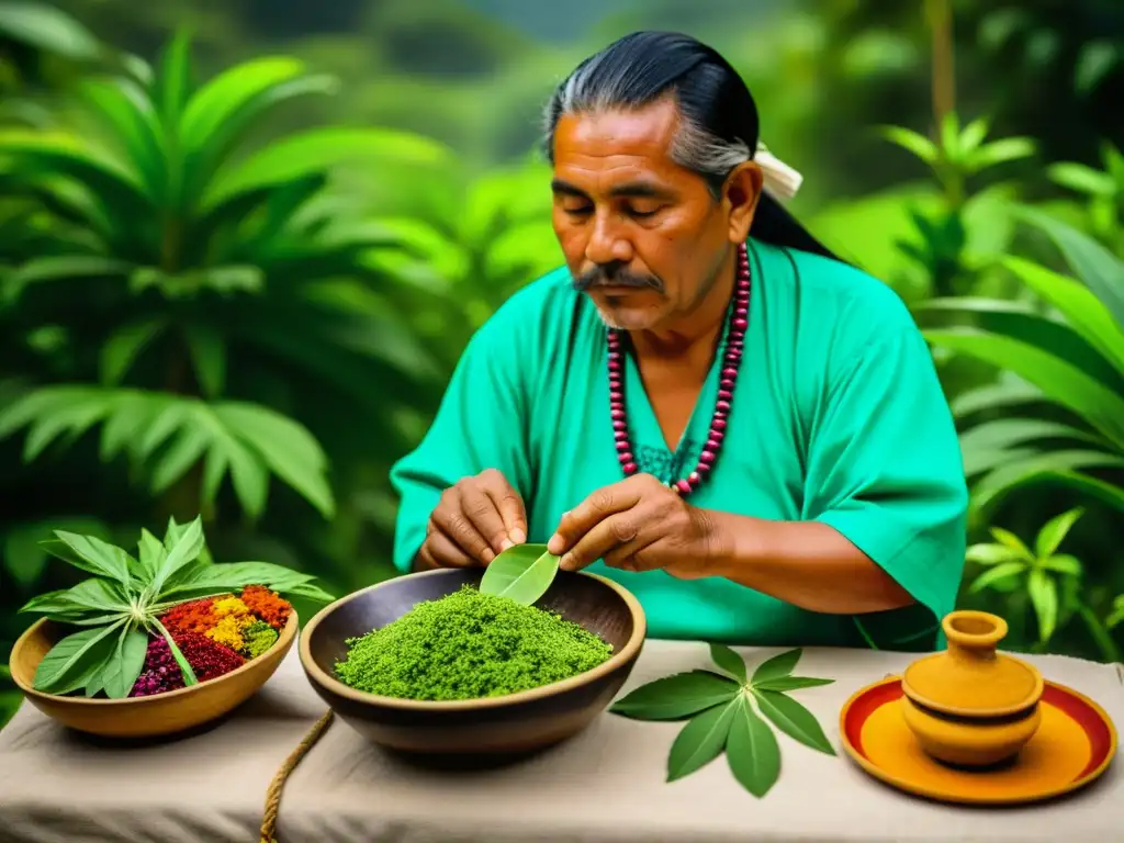 Un curandero maya prepara una medicina herbal en América Latina, rodeado de exuberante vegetación y plantas medicinales coloridas