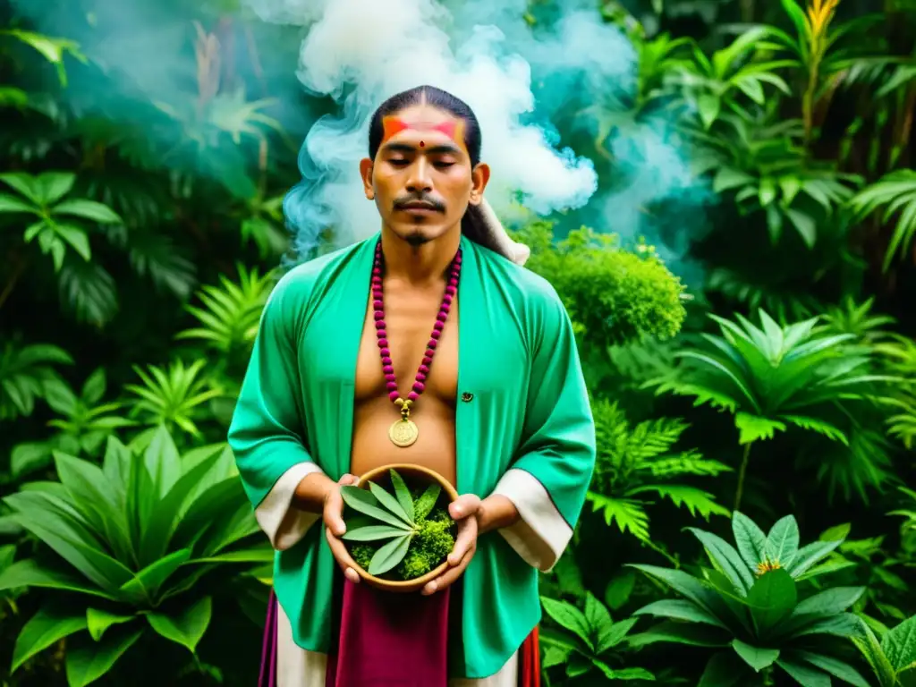 Un curandero maya en la selva tropical rodeado de plantas medicinales, realizando un ritual de sanación con humo y hierbas