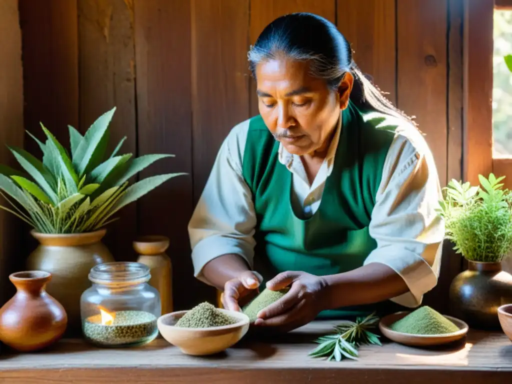 Un curandero en Oaxaca, México, prepara medicina herbal en un entorno tradicional y acogedor, rodeado de hierbas secas y plantas