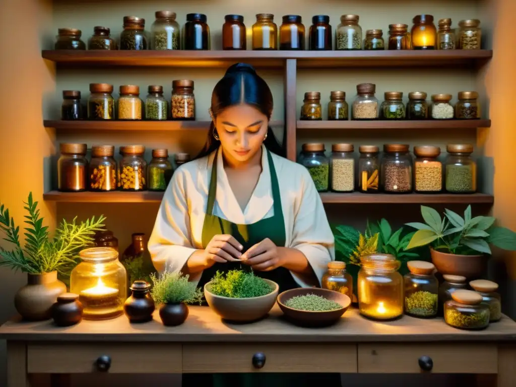 Un curandero de medicina tradicional custodia conocimientos, preparando remedios con hierbas en un apotecario acogedor y tenue