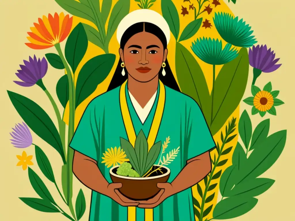 Ilustración vintage de curandero mesoamericano con hierbas medicinales, evocando la tradición y sabiduría de la medicina herbal en Mesoamérica