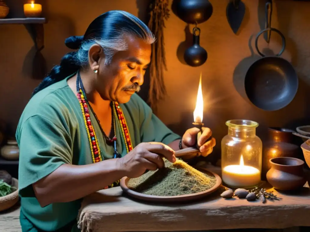 Un curandero mesoamericano prepara una poción en una cocina rústica