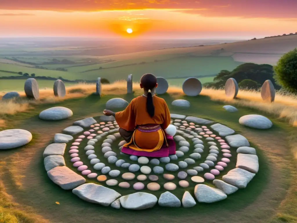 Un curandero realiza un ritual en círculos de piedra, resaltados por la luz dorada del atardecer, evocando la medicina tradicional