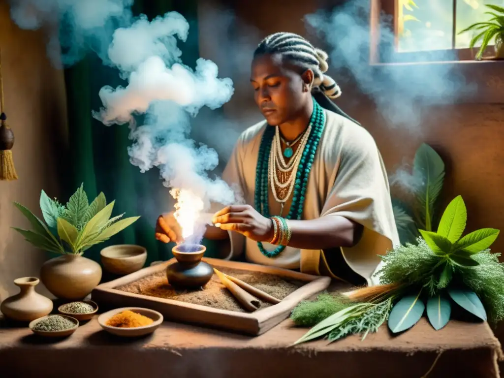 Un curandero realiza un ritual espiritual en un entorno natural sagrado, rodeado de hierbas medicinales y humo de incienso