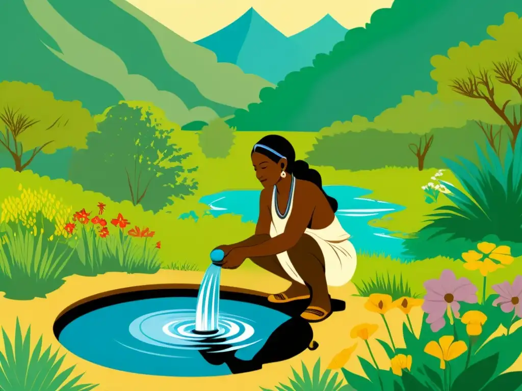 Un curandero realizando un ritual sagrado mientras recolecta agua de una fuente natural, rodeado de exuberante vegetación y flores silvestres