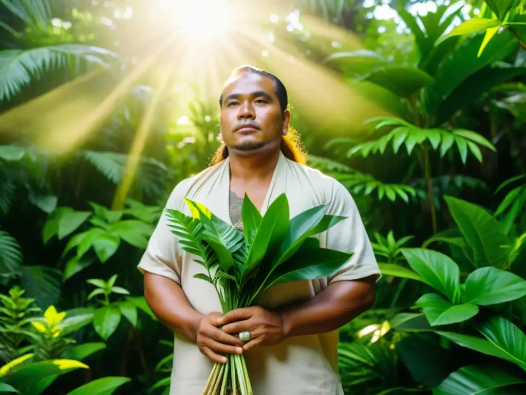 Un curandero samoano en un bosque tropical rodeado de plantas medicinales