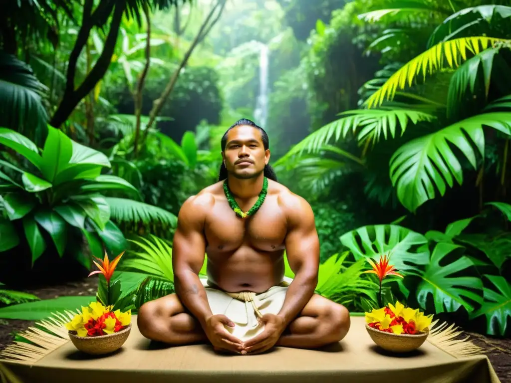 Un curandero samoano realiza un ritual bajo el dosel de la selva tropical, rodeado de exuberante vegetación y flores