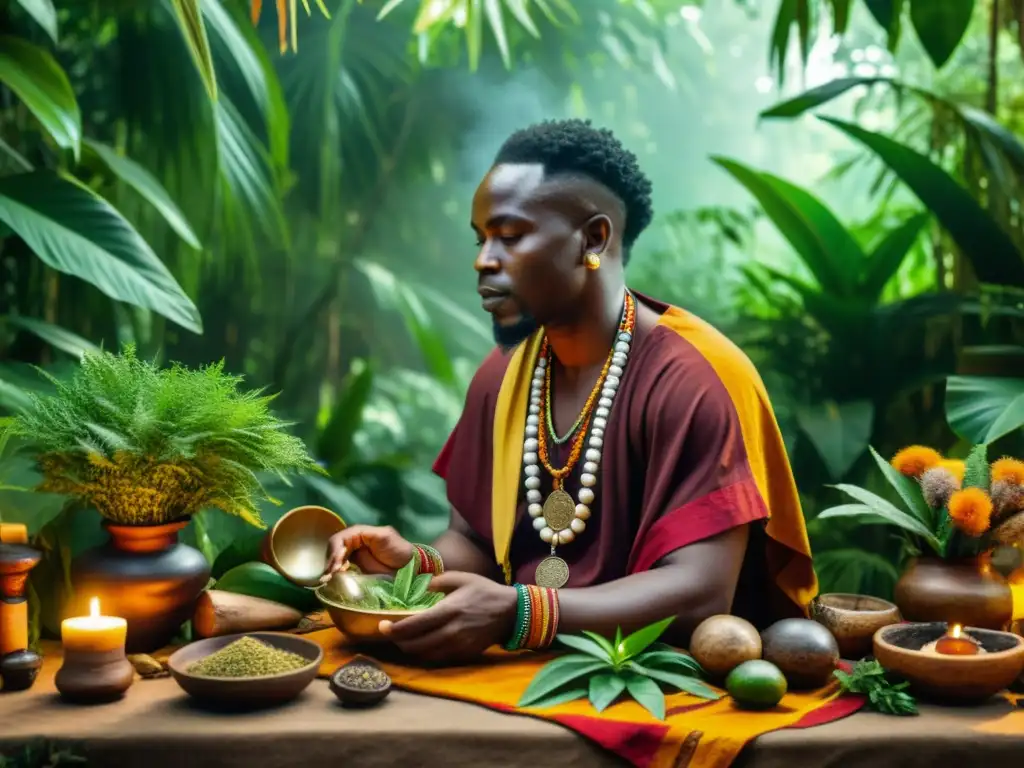 Un curandero tradicional africano realiza una ceremonia de sanación en la exuberante selva