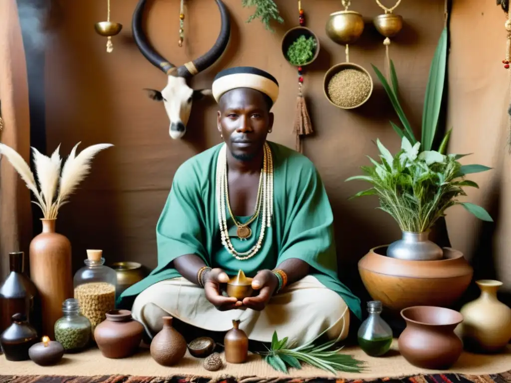 Un curandero tradicional africano realiza un ritual, rodeado de hierbas y objetos simbólicos, transmitiendo sabiduría antigua y riqueza cultural