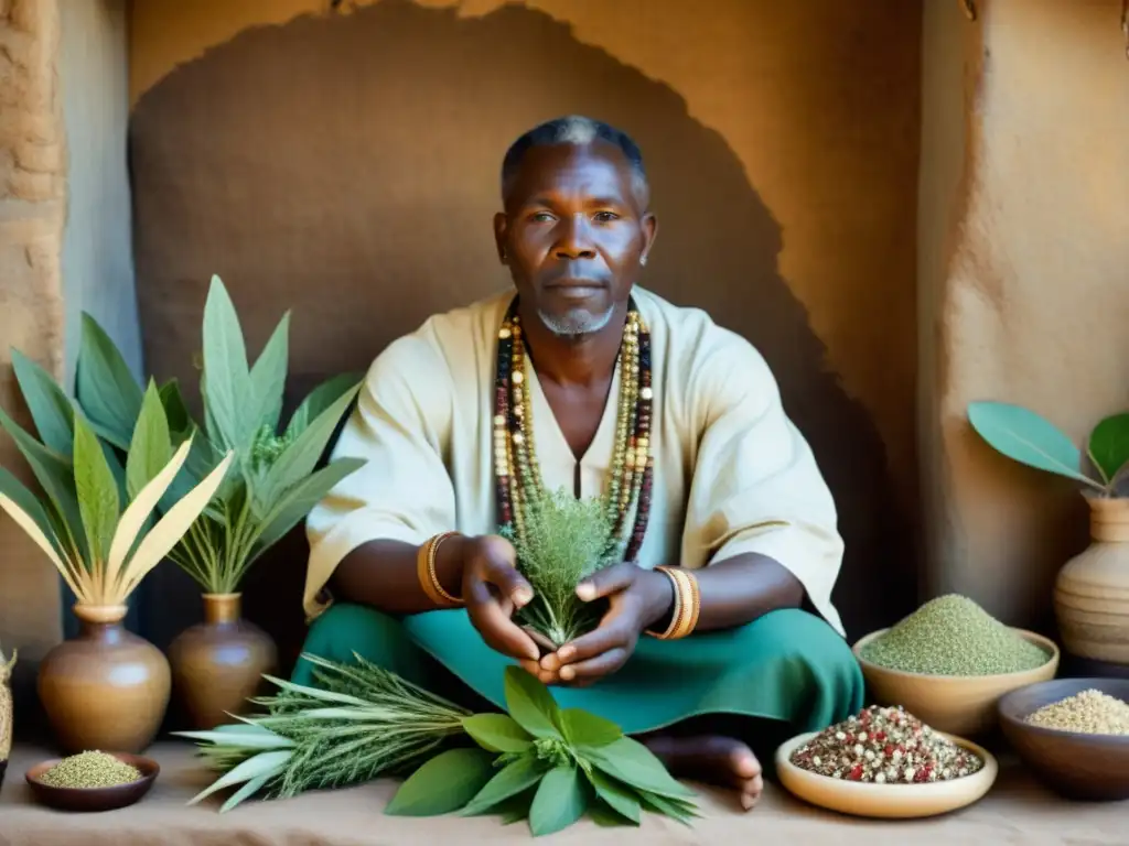 Un curandero tradicional africano rodeado de personas, mostrando la influencia de la medicina tradicional africana en la salud moderna