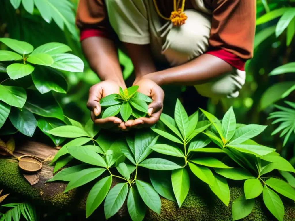 Un curandero tradicional de Borneo selecciona y prepara plantas medicinales en la exuberante selva