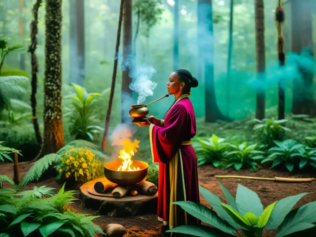 Un curandero tradicional realiza una ceremonia de sanación en el bosque, rodeado de plantas medicinales y símbolos antiguos