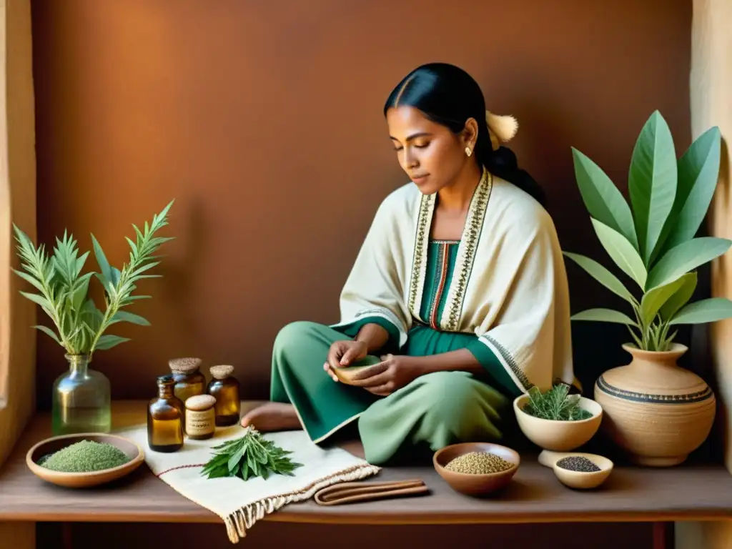 Un curandero tradicional realiza una consulta con un paciente, rodeado de hierbas medicinales y herramientas