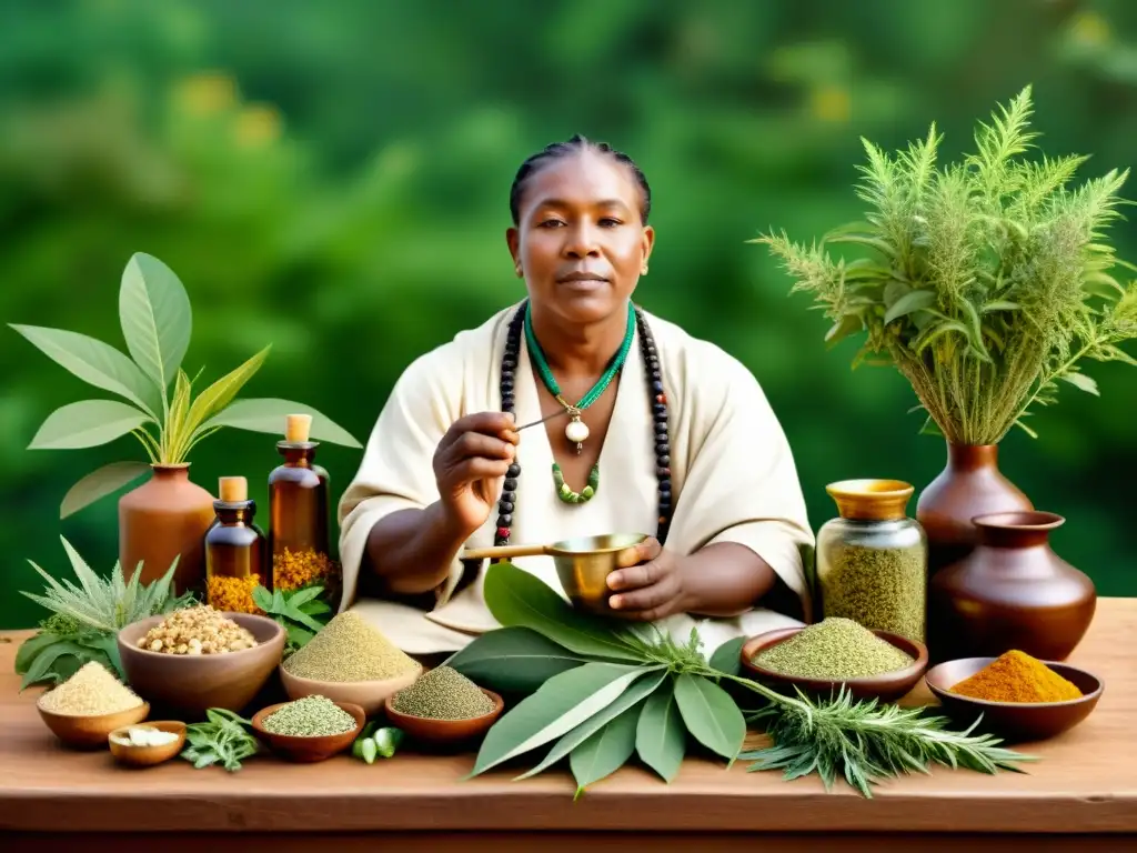 Un curandero tradicional de una cultura diversa prepara remedios herbarios