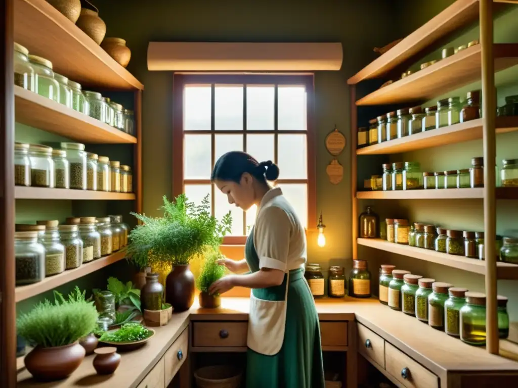 Un curandero tradicional selecciona y prepara hierbas en un ambiente acogedor y tenue