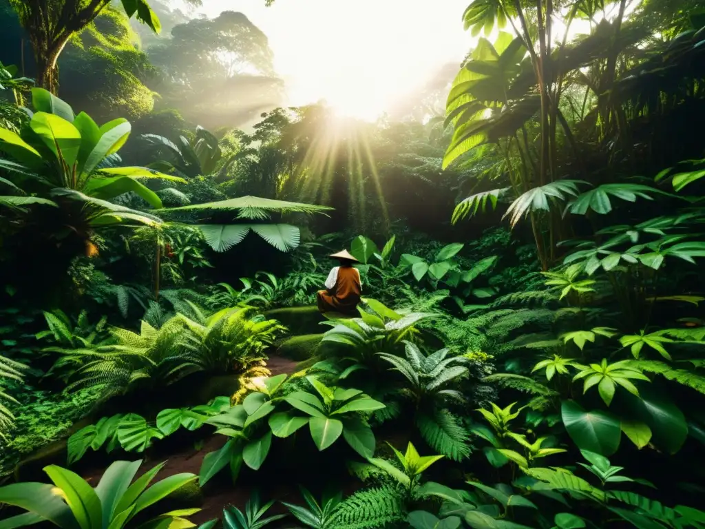 Un curandero tradicional recoge hierbas curativas de Asia en la exuberante selva indonesia, transmitiendo una sensación de antigua sabiduría