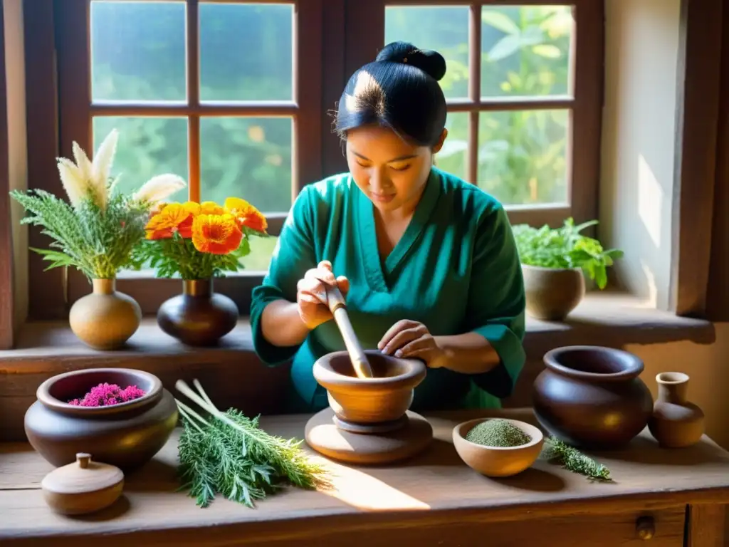 Un curandero tradicional muele hierbas y flores vibrantes en un mortero y mano, creando una mezcla de colores y texturas