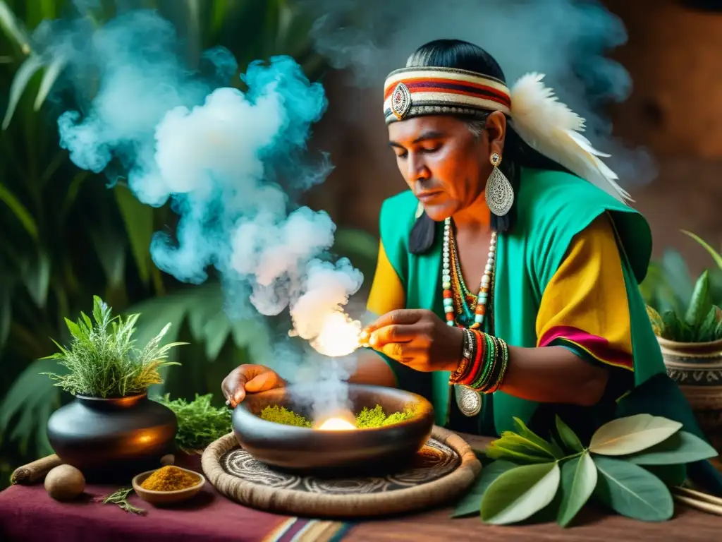 Un curandero tradicional en América Latina realiza un ritual de limpieza con humo y hierbas, rodeado de vegetación exuberante y arte antiguo