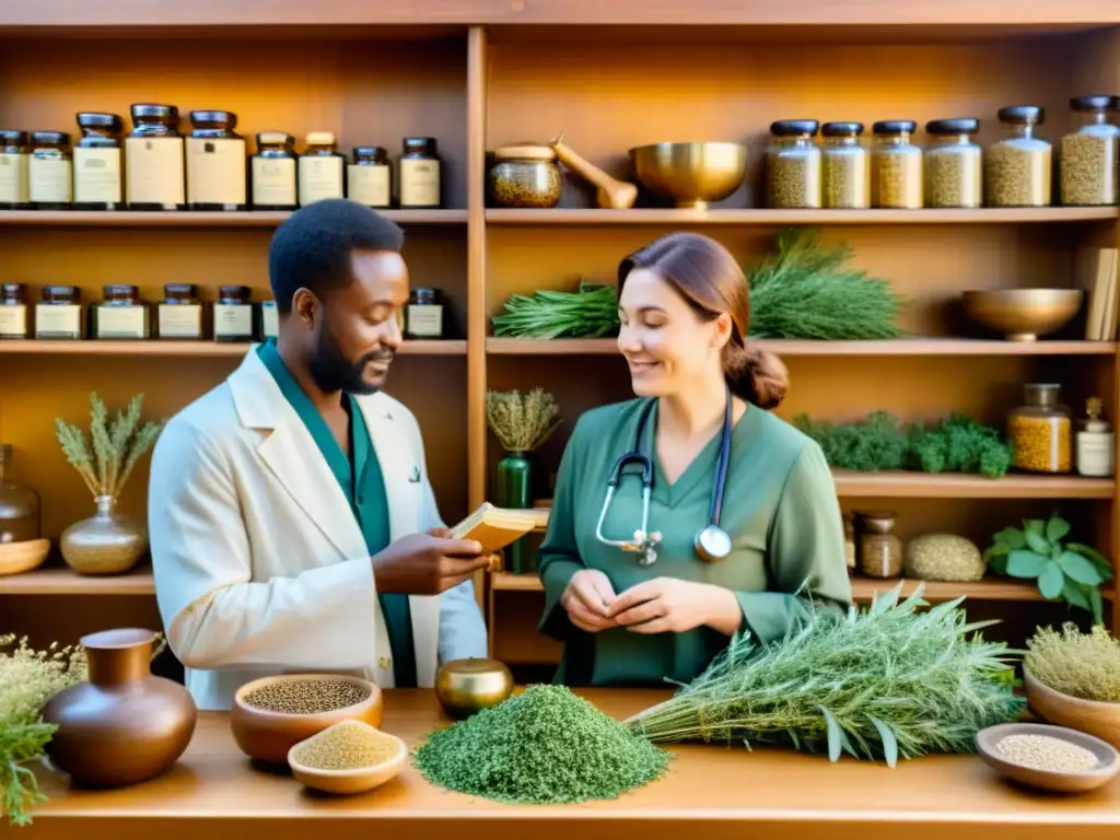 Un curandero tradicional y un médico moderno compartiendo conocimientos en un ambiente cálido y respetuoso