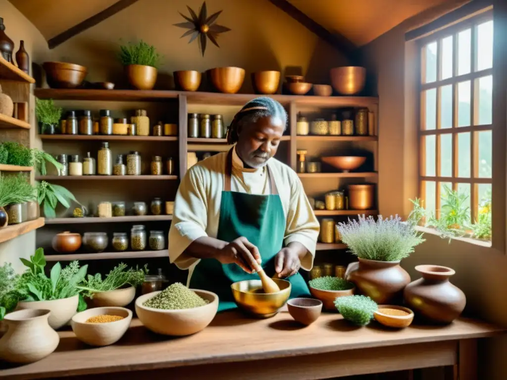 Un curandero tradicional prepara una poción herbal en un ambiente cálido y acogedor, rodeado de hierbas medicinales y herramientas antiguas