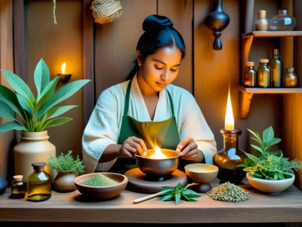 Un curandero tradicional preparando remedios herbales en un ambiente acogedor y cálido, evocando sabiduría ancestral y curación natural