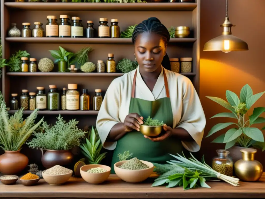 Un curandero tradicional prepara remedios naturales en una apotecaria rústica, evocando la medicina ancestral y su conexión con el futuro