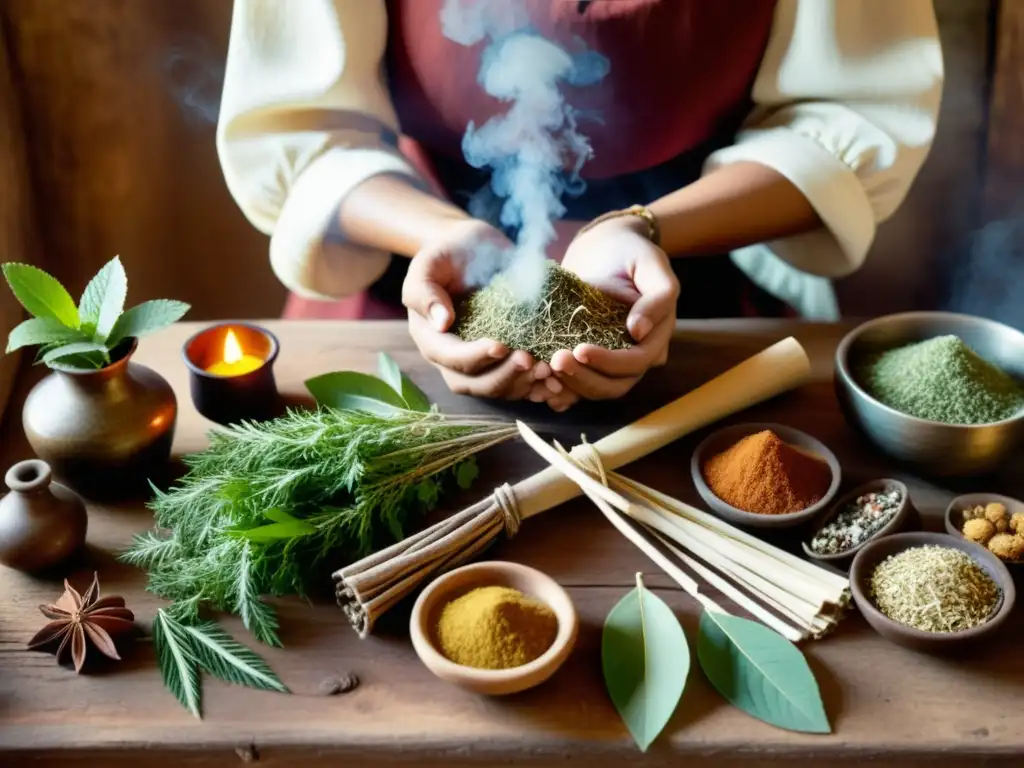 Un curandero tradicional prepara remedios naturales con hierbas y raíces coloridas, evocando prácticas de curación en medicina tradicional