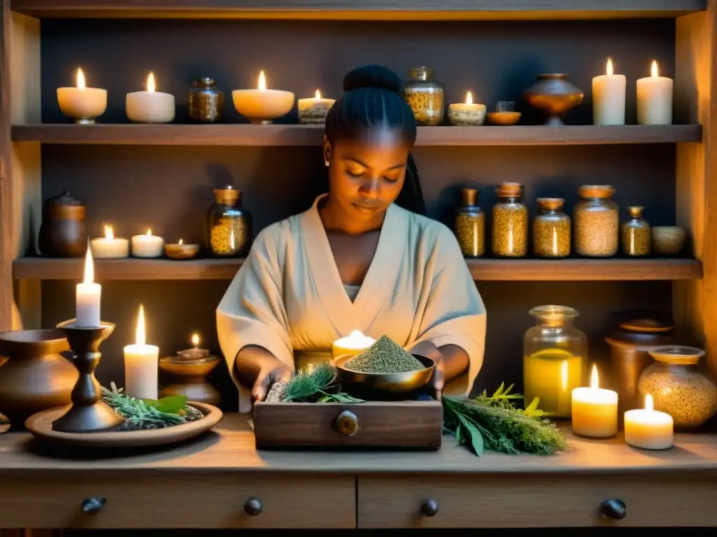 Un curandero tradicional realiza un ritual espiritual con hierbas medicinales, creando una atmósfera de sabiduría ancestral