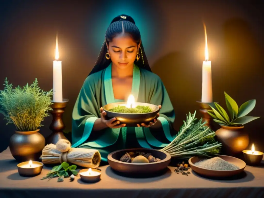 Un curandero tradicional realiza un ritual de sanación en un ambiente místico, rodeado de hierbas, velas y símbolos