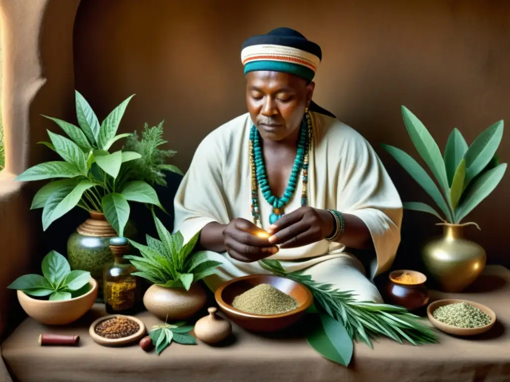 Un curandero tradicional rodeado de hierbas medicinales, realizando un ritual de sanación