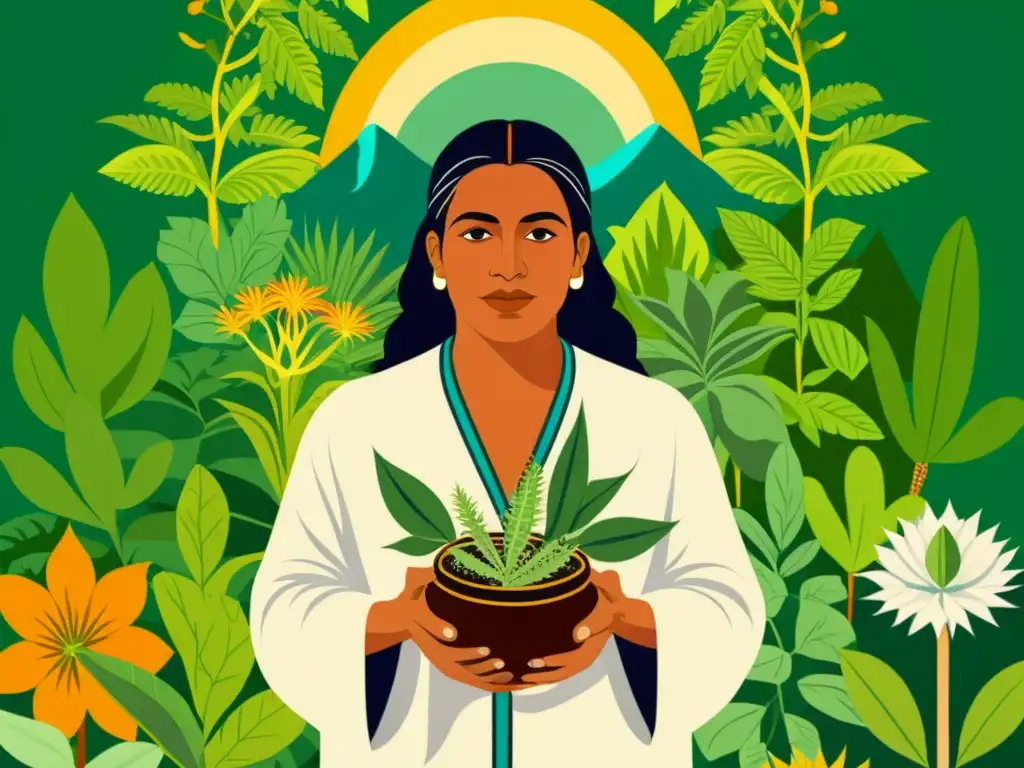 Un curandero tradicional rodeado de plantas psicoactivas en una ilustración vintage