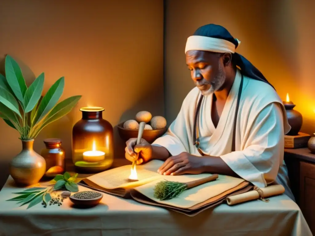 Un curandero tradicional explica un tratamiento a su paciente en un ambiente cálido y lleno de sabiduría ancestral