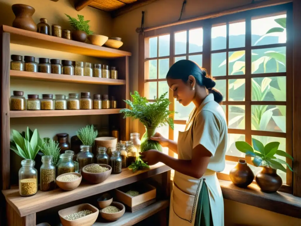 Un curandero yucateco prepara hierbas medicinales en un antiguo consultorio, evocando las prácticas medicinales curanderos de la península Yucatán