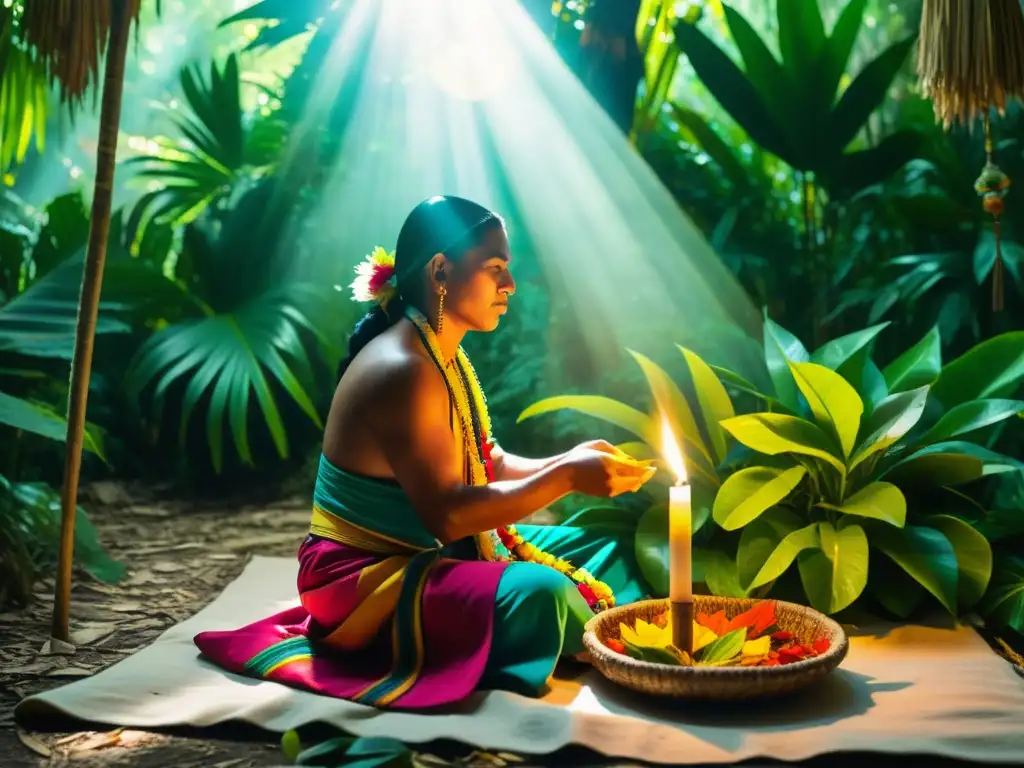 Un curandero yucateco realiza un ritual de sanación en la exuberante jungla de la península de Yucatán, rodeado de plantas medicinales locales