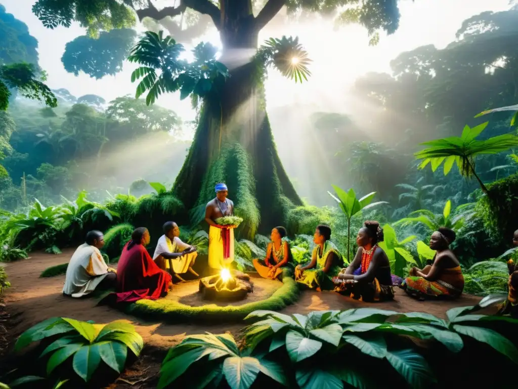 Curanderos realizan ceremonia de medicina tradicional en el Congo selva, rodeados de árboles ancestrales y plantas curativas