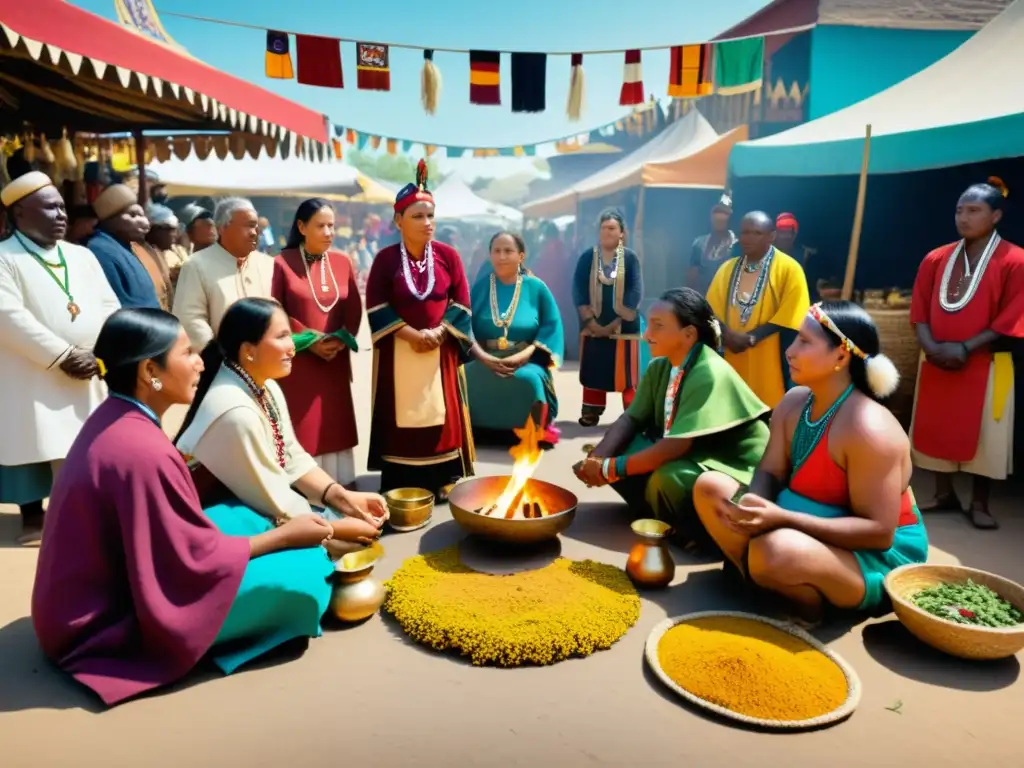 Curanderos indígenas en mercado vibrante Curanderos indígenas realizan una ceremonia de sanación en un bullicioso mercado, enriqueciendo la medicina tradicional en festividades indígenas