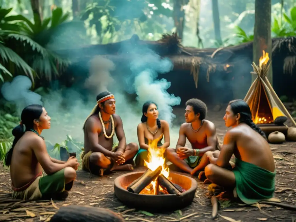 Curanderos indígenas realizando una ceremonia de sanación en la selva amazónica, rodeados de naturaleza exuberante y humo de hierbas