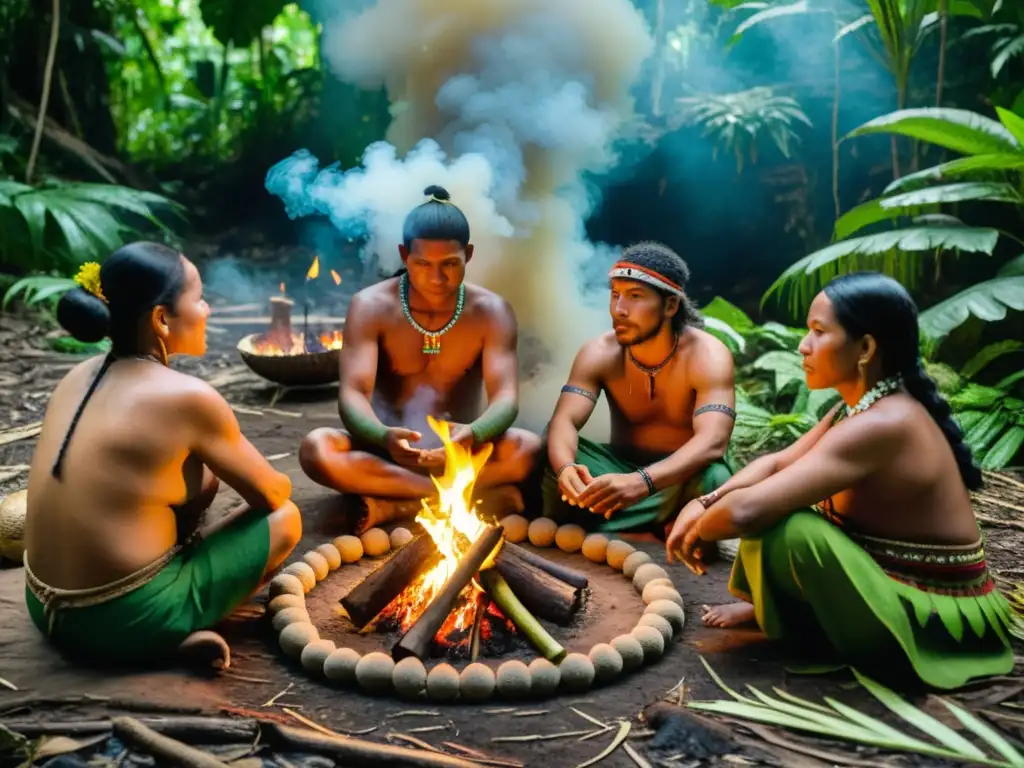 Curanderos indígenas realizando ritual de sanación con plantas medicinales en la selva amazónica