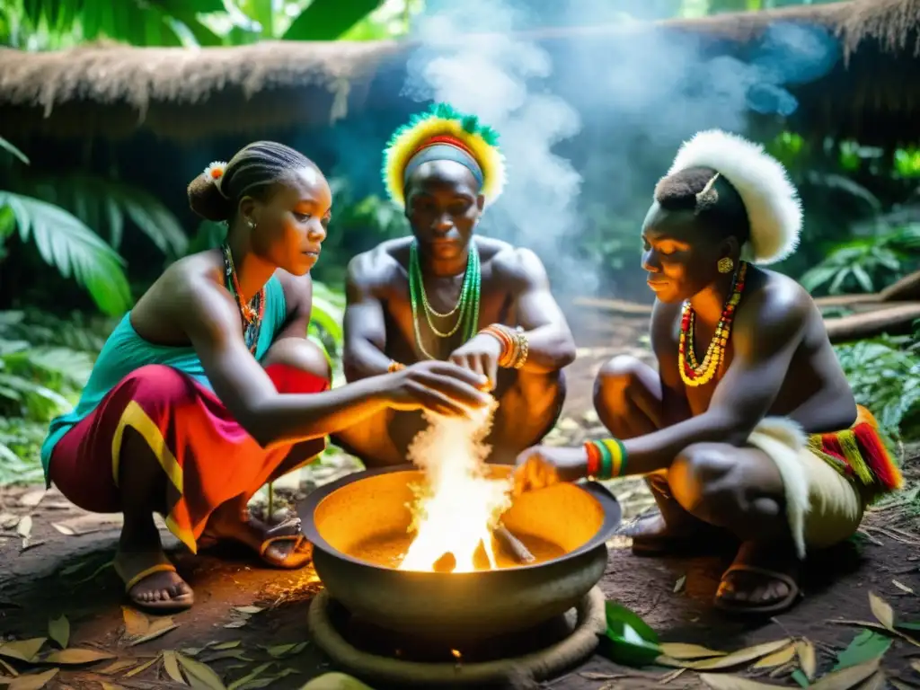 Curanderos tradicionales en la selva del Congo preparando medicina en un caldero, conectando con la naturaleza y la sabiduría ancestral