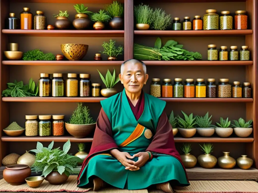 Dos curanderos tradicionales tibetano y ayurvédico rodeados de hierbas medicinales, reflejando la riqueza cultural y diferencias en sus prácticas